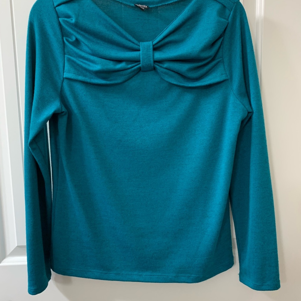 RAFAELLA Top Teal Blue Long Skeeve Knit lightweight stretch petite small ps